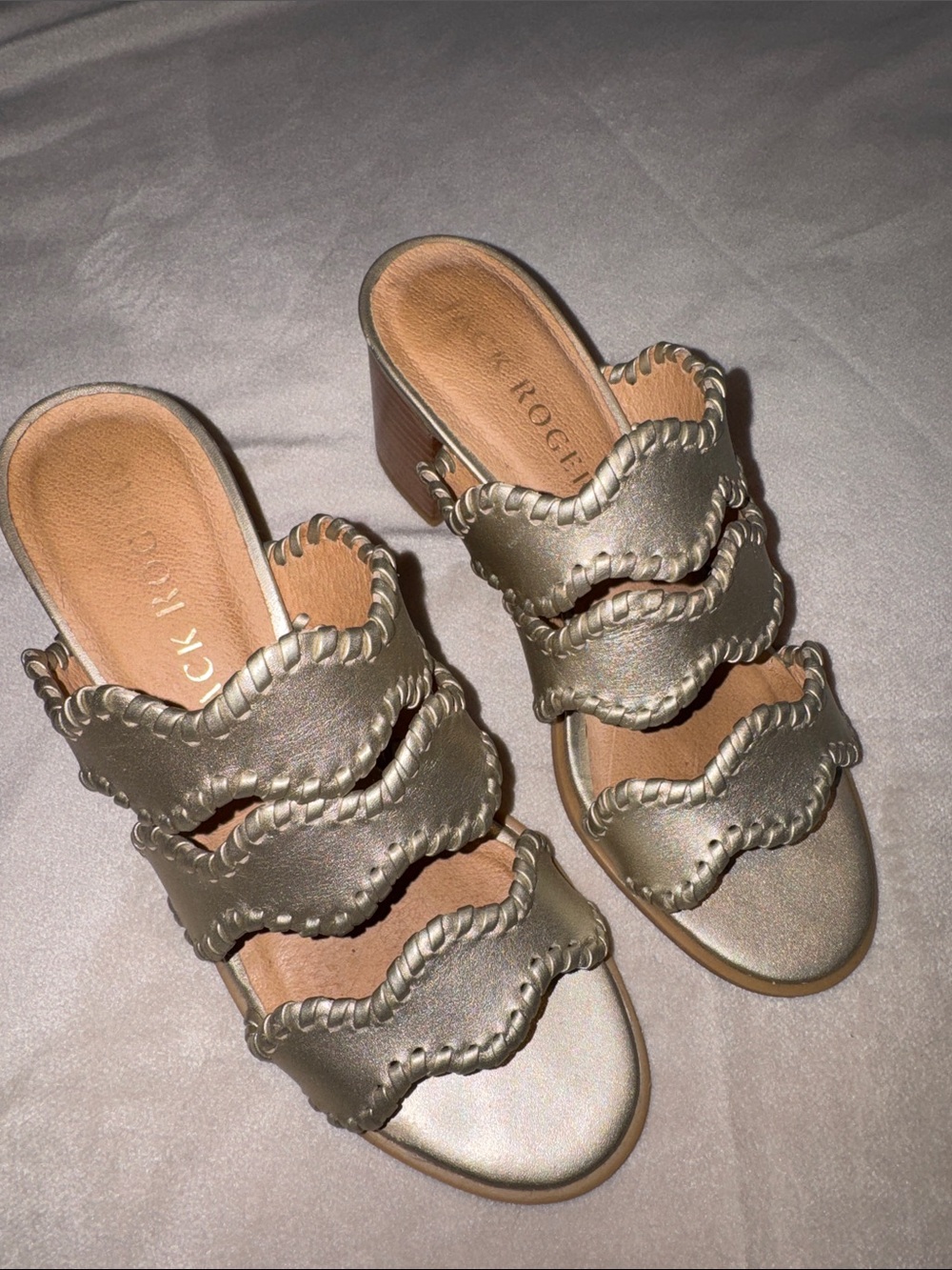 Jack Rogers Metallic Gold Triple Scallop-Strap Heeled Mules
